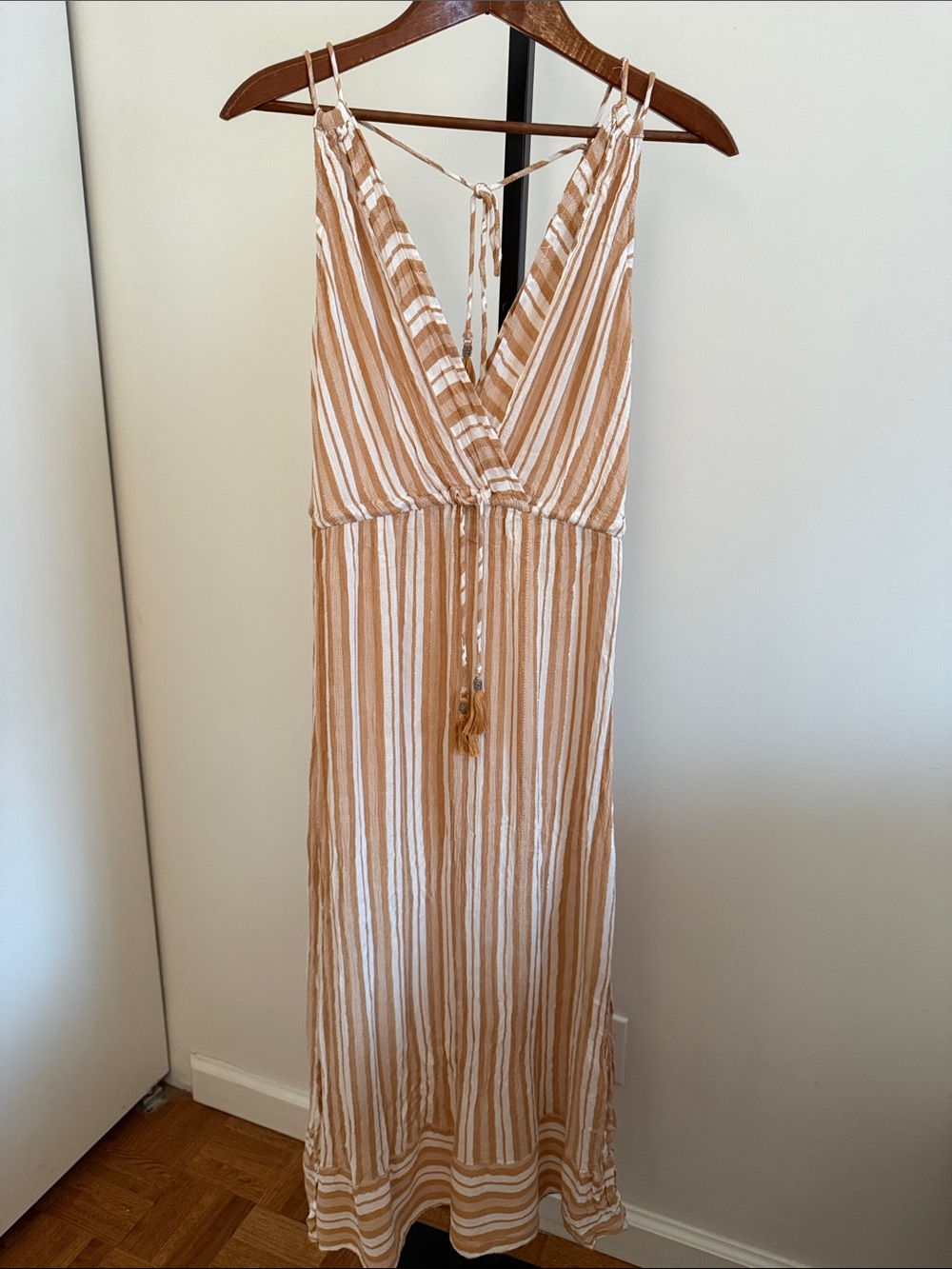Striped Sleeveless Cover Up Dress in Tan & White with silver metallic stripes